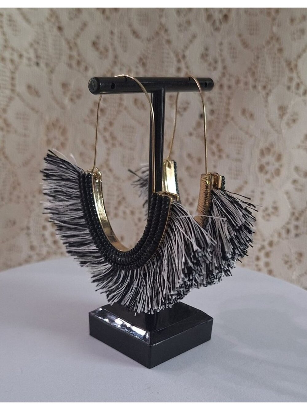 SUGARFIX by BaubleBar Black Gold Fringe Hoop Earrings – Beaded Tassel Statement - Picture 1 of 11